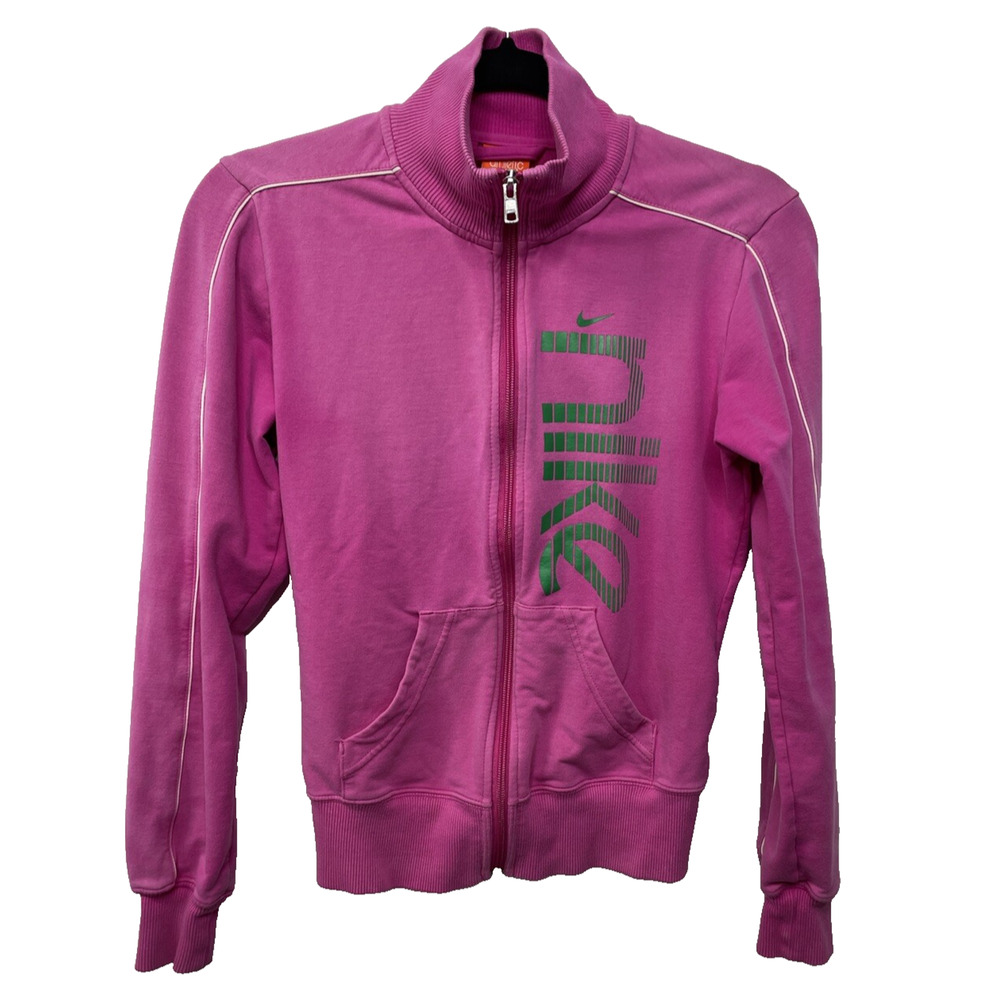 VTG Y2K 90s Nike Full Zip Graphic‎ Sweatshirt Pink Spellout Womens S Activewear